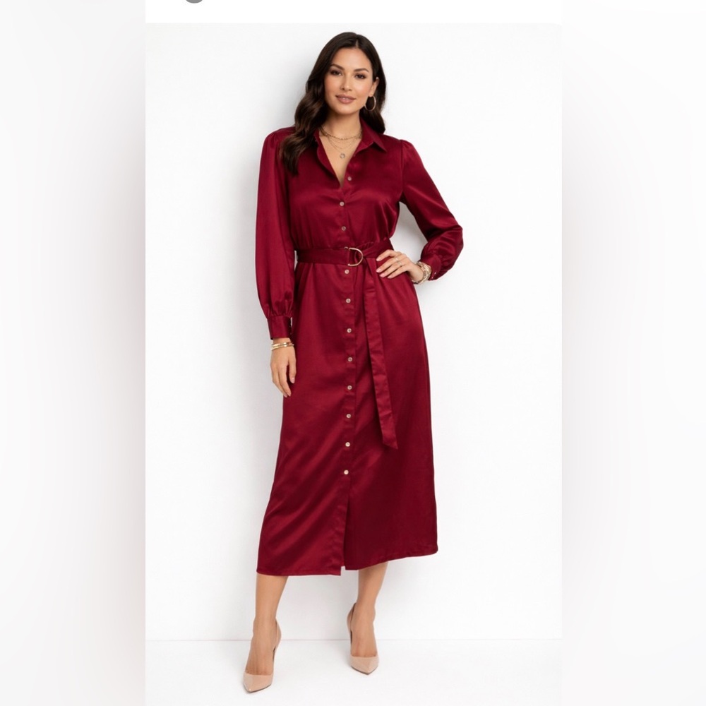 Ann Taylor Deep Wine Satin Long Sleeve Shirt Dress
